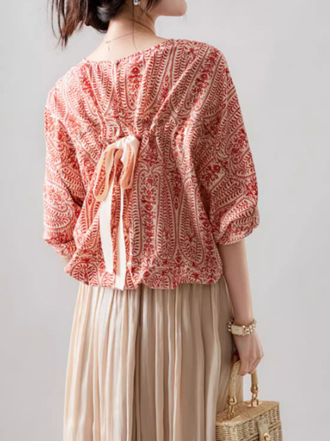 Casual Back Bow Printed Blouse