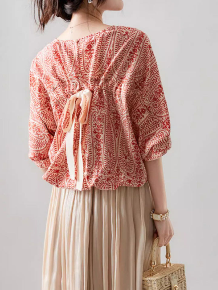 Casual Back Bow Printed Blouse