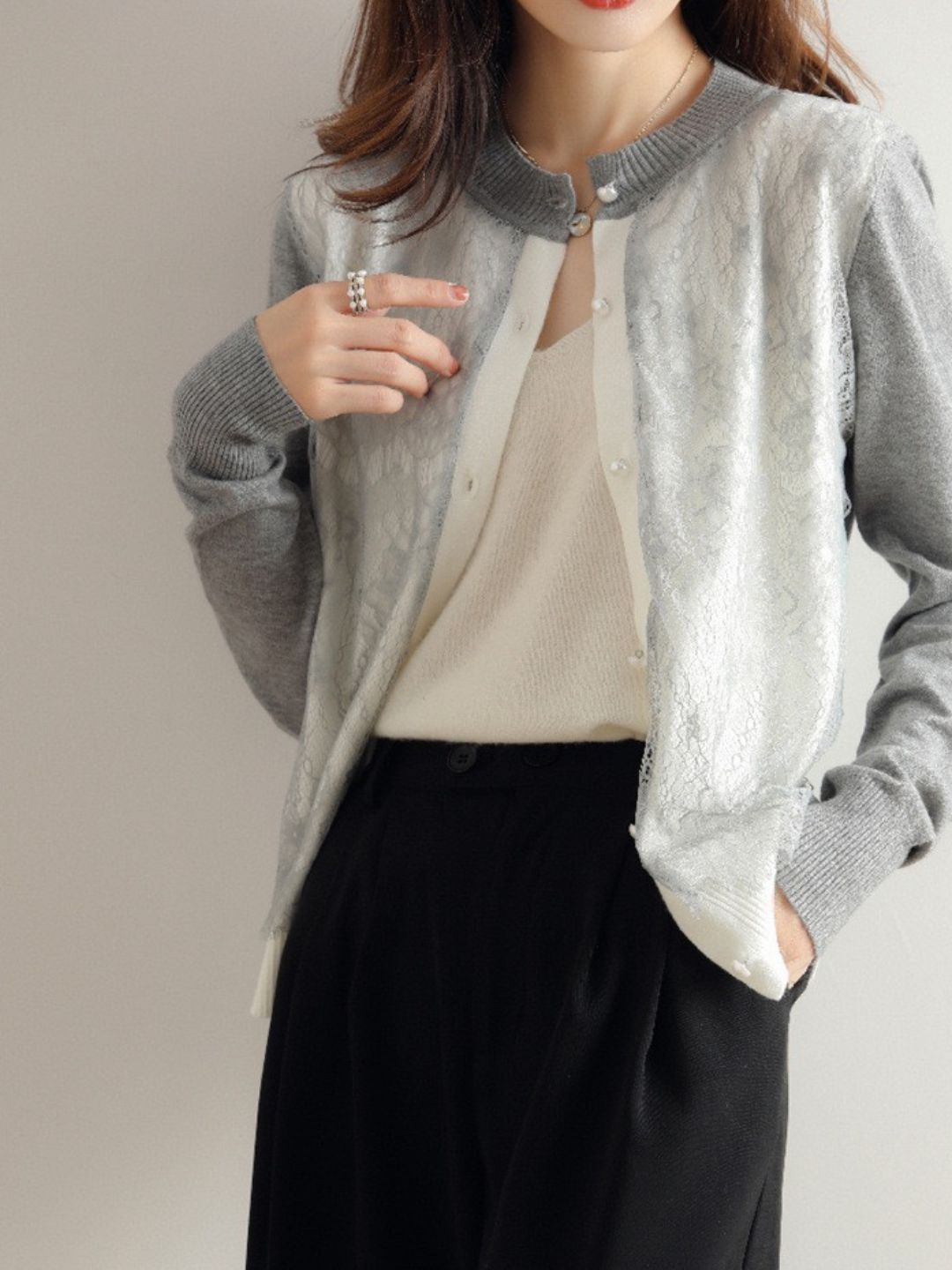 Crew Neck Lace Knit Sweater