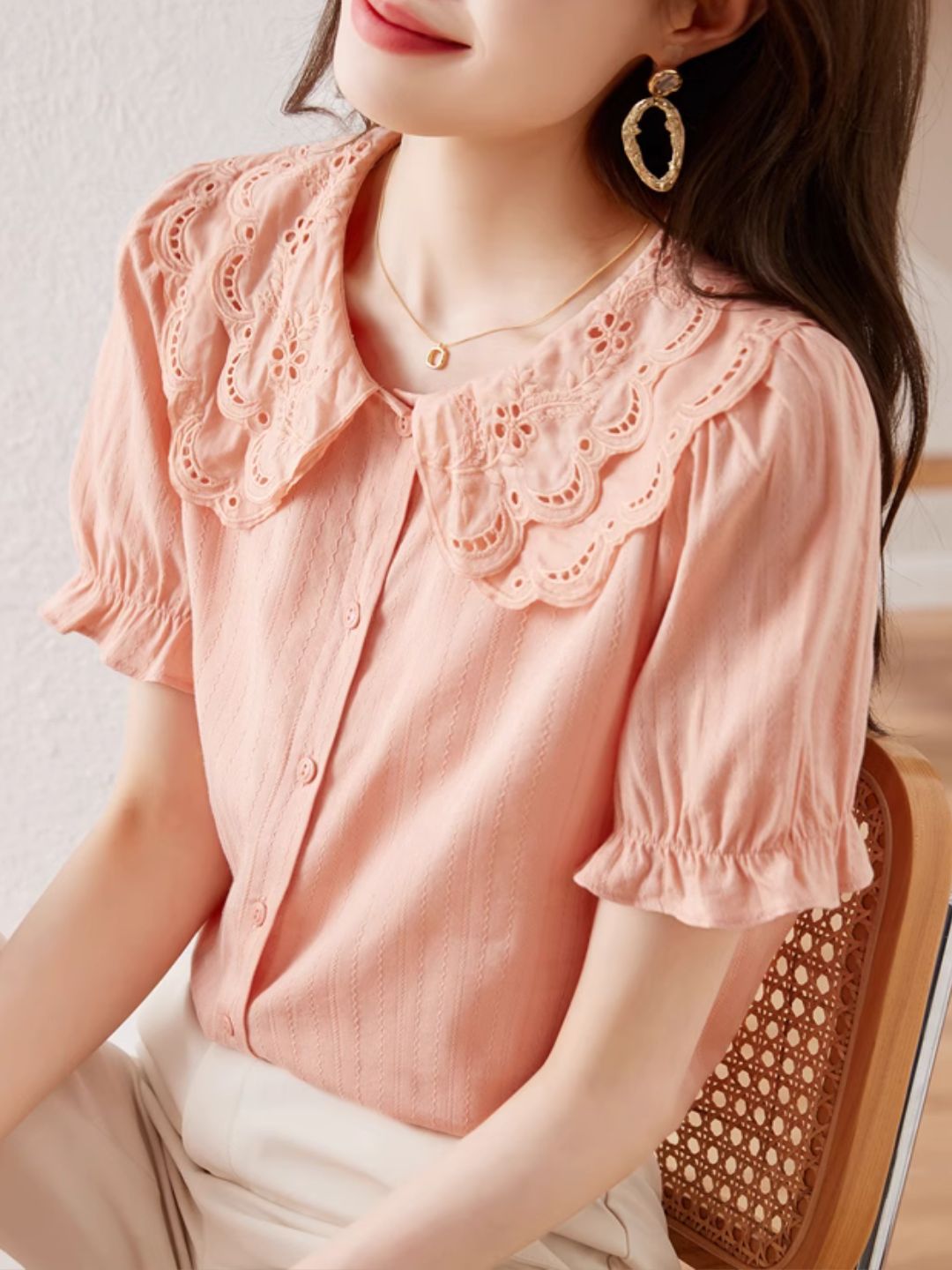French Lace Double Collar Puff Sleeve Shirt