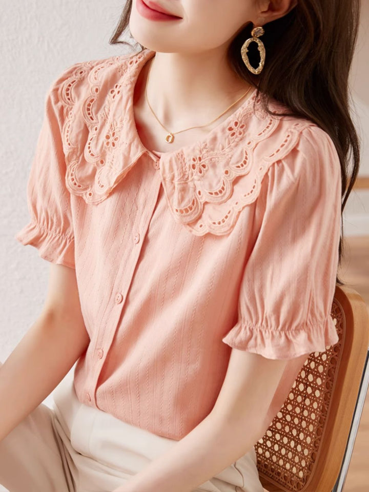 French Lace Double Collar Puff Sleeve Shirt