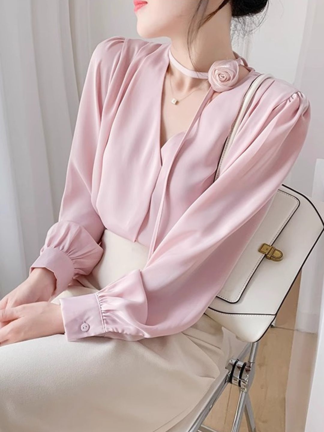Gentle Style Rose Halter Neck Chiffon Shirt - Blue