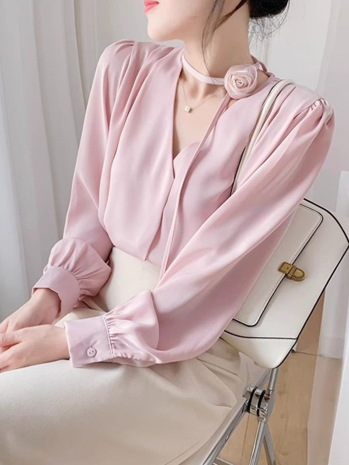 Gentle Style Rose Halter Neck Chiffon Shirt - Blue