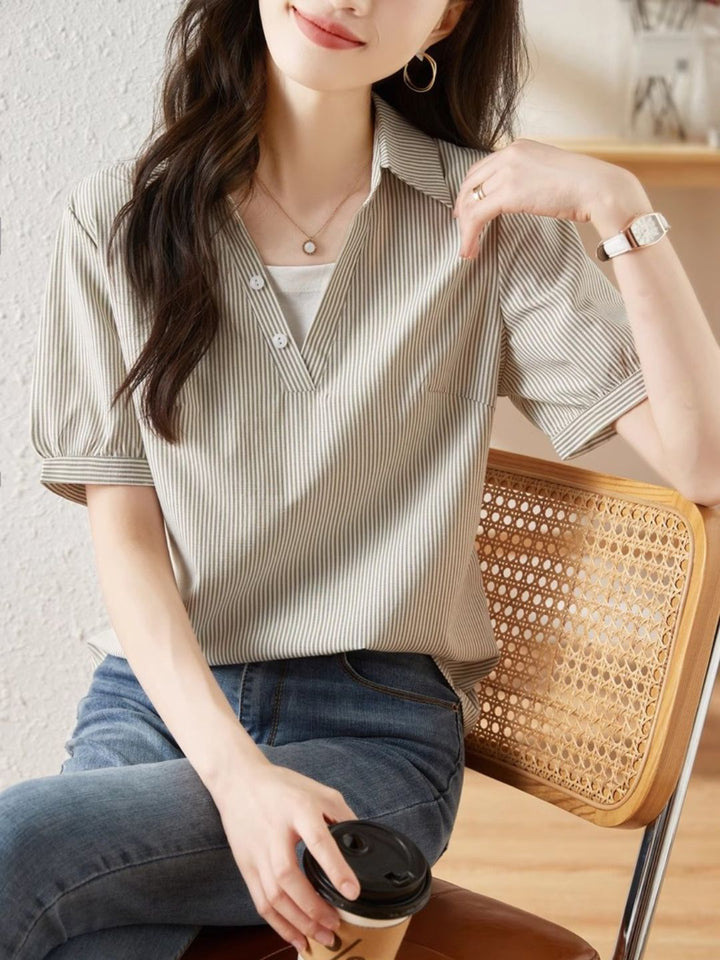 Striped Short-sleeved Lapel Shirt