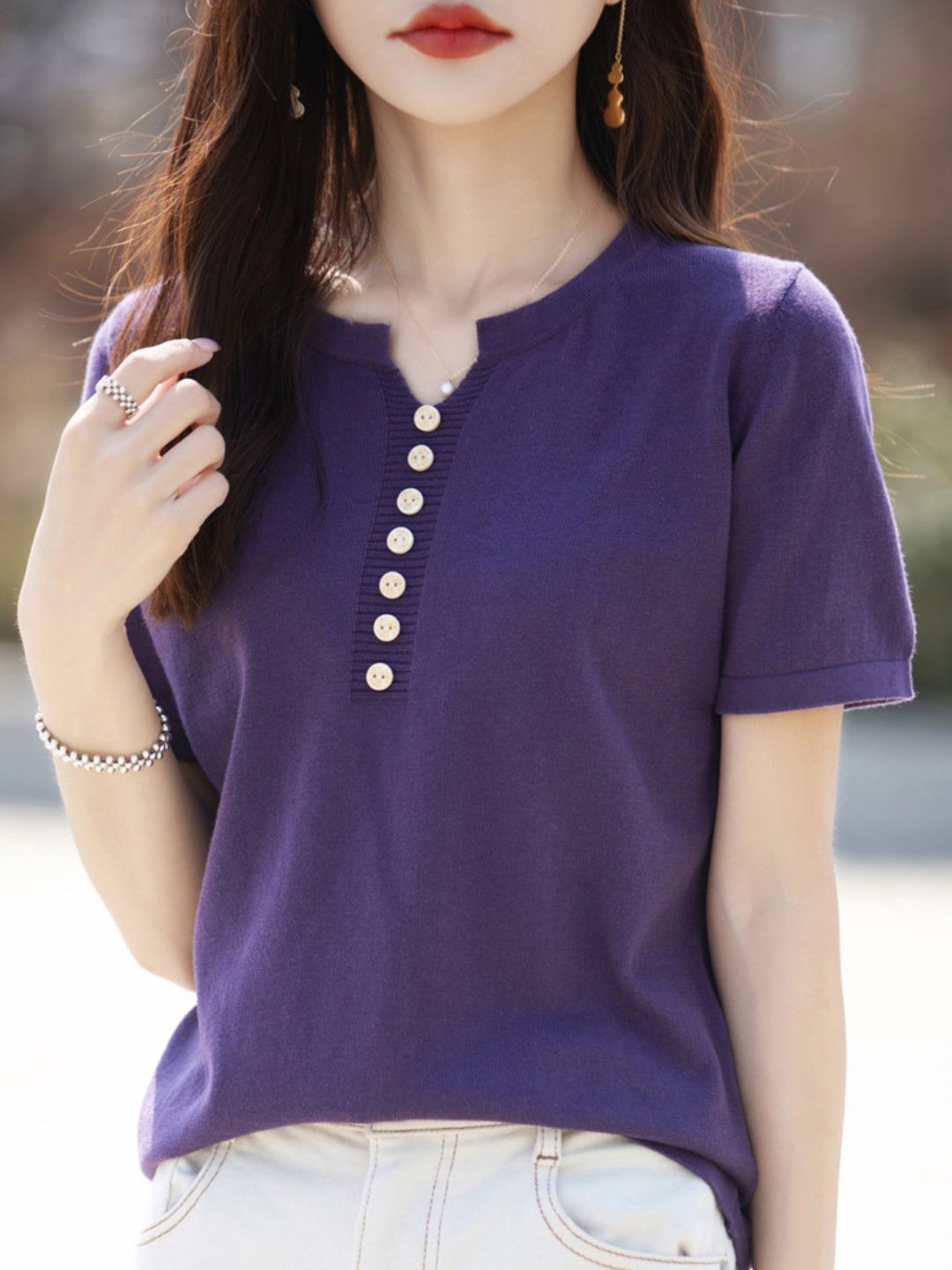 V-Neck Solid Color Loose Top - Pink