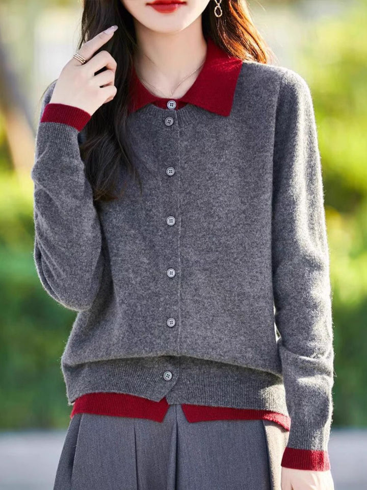 Casual Lapel Colorblock Knit Cardigan Set - Red