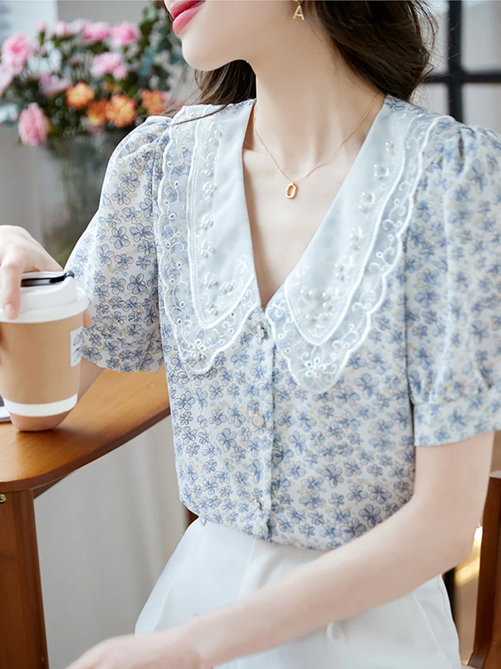 Classic Floral Printed Beaded Chiffon Shirt -Blue