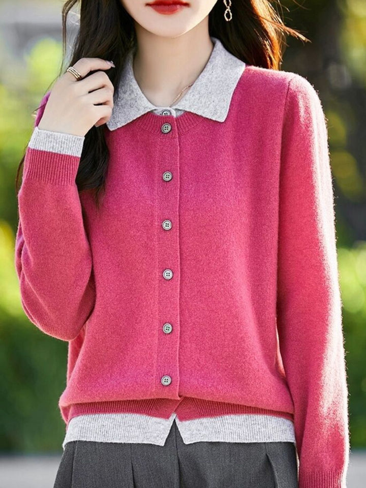 Casual Lapel Colorblock Knit Cardigan Set - Red