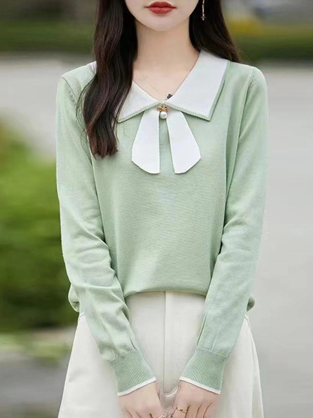 Doll Collar Bow Colorblock Knitted Top