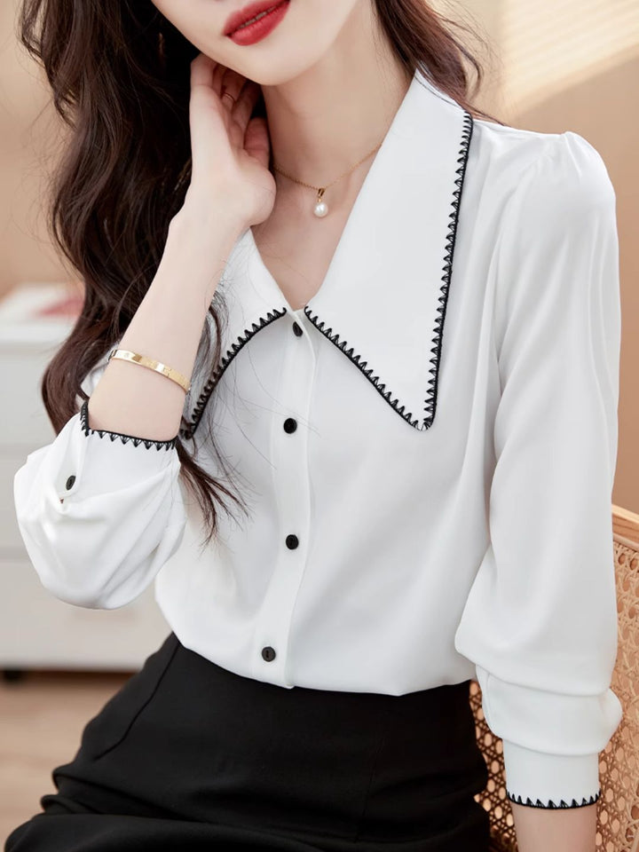 Lapel Chiffon Shirt - Black