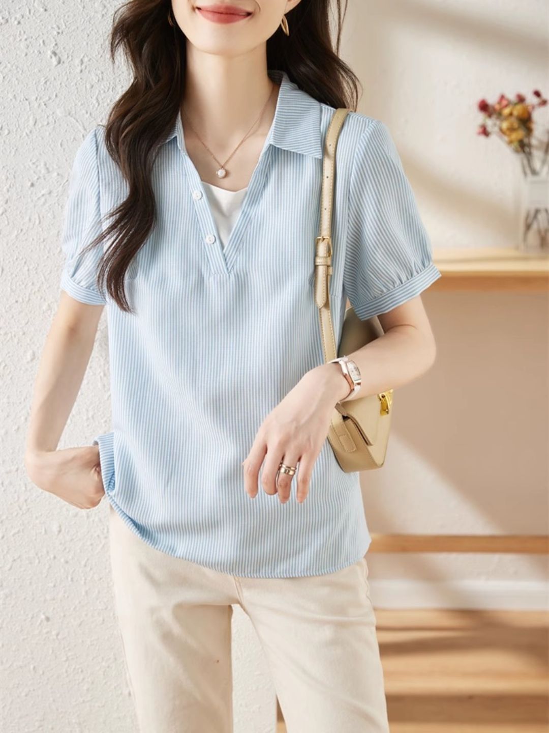 Striped Short-sleeved Lapel Shirt