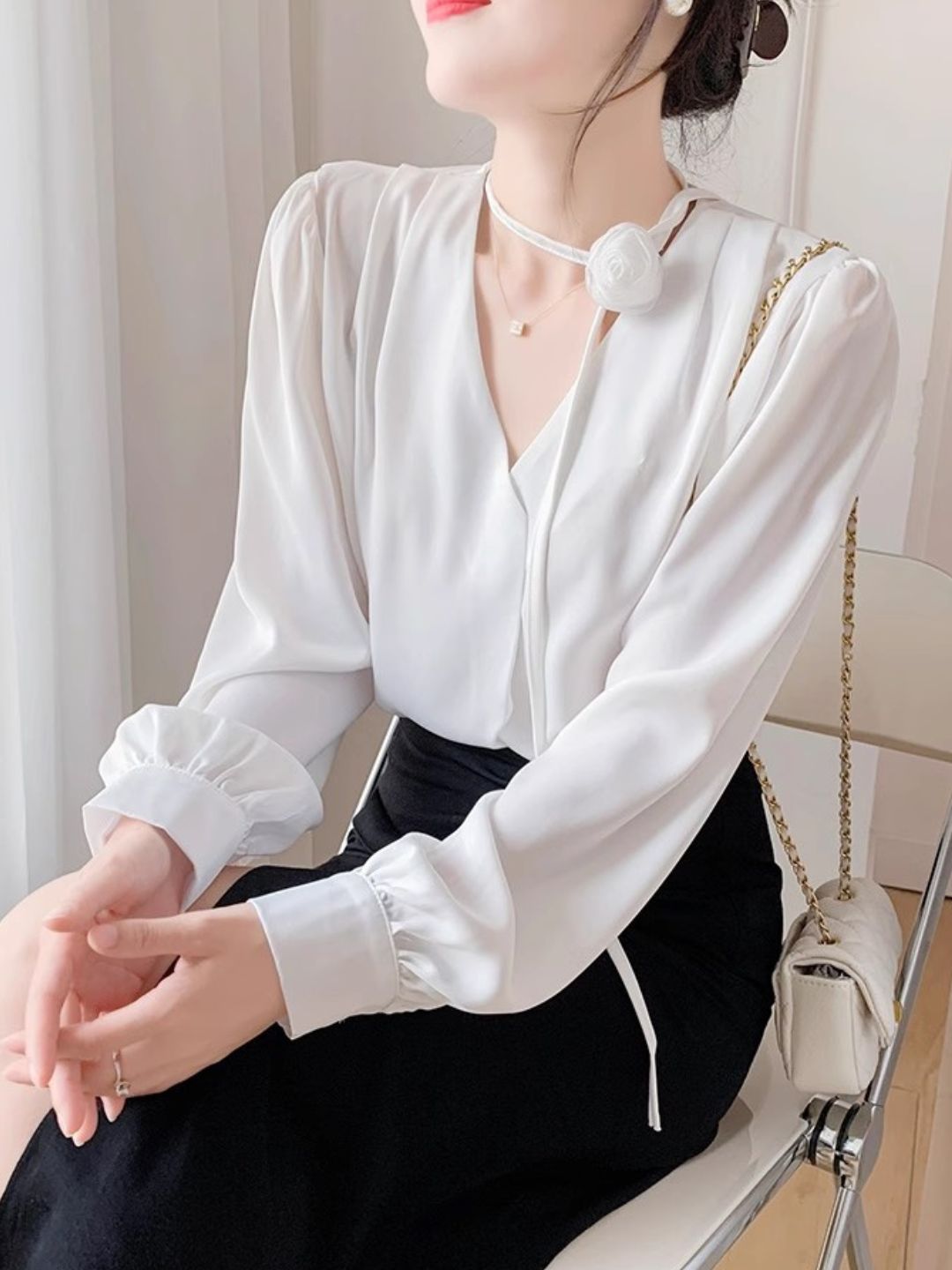 Gentle Style Rose Halter Neck Chiffon Shirt - Blue