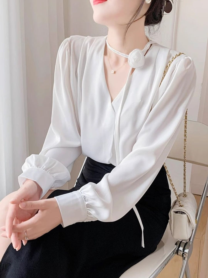 Gentle Style Rose Halter Neck Chiffon Shirt - Blue