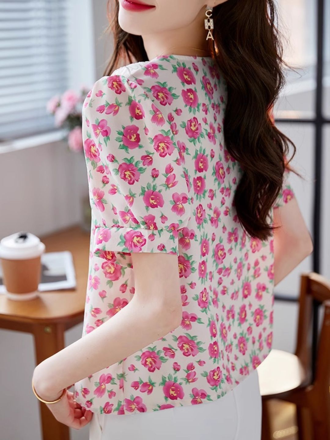 Classic Floral Printed Beaded Chiffon Shirt -Blue