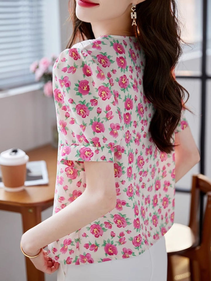 Classic Floral Printed Beaded Chiffon Shirt -Blue