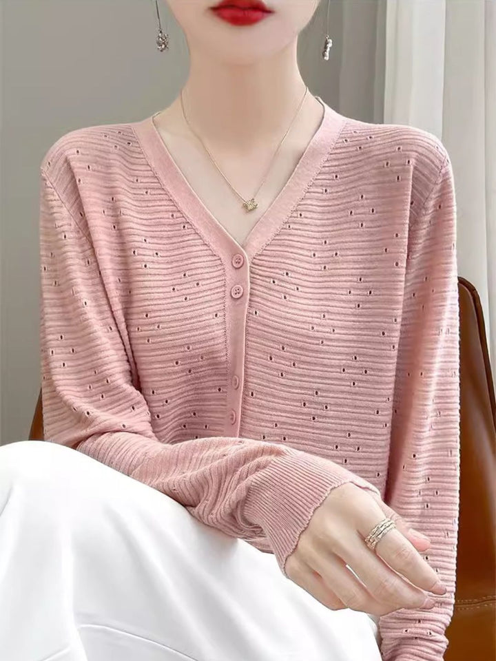 Long Sleeve V-Neck Top Hollow Knit Cardigan - Pink