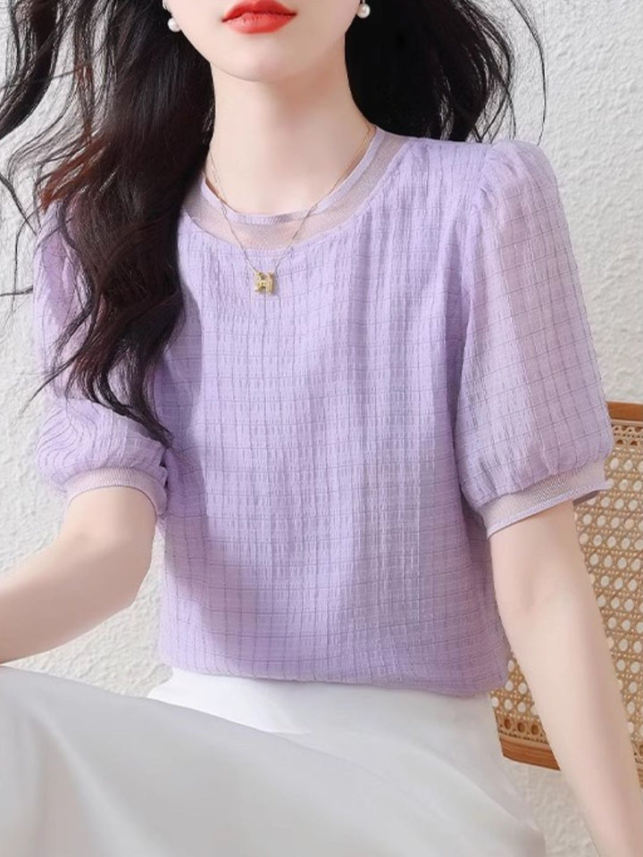Round Neck Plaid Chiffon Shirt