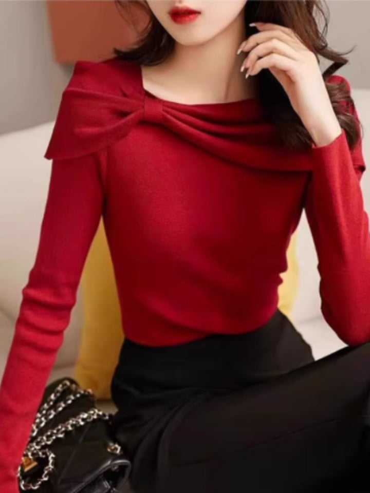 Bow Knitted Sweater - Red