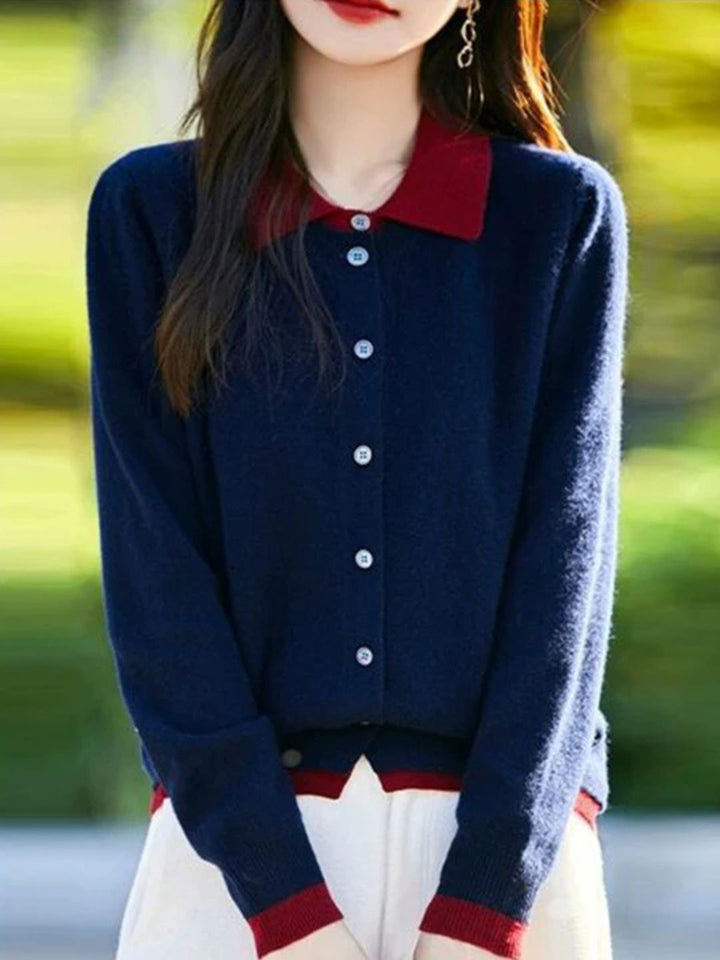 Casual Lapel Colorblock Knit Cardigan Set - Red