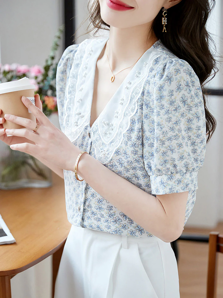 Classic Floral Printed Beaded Chiffon Shirt -Blue