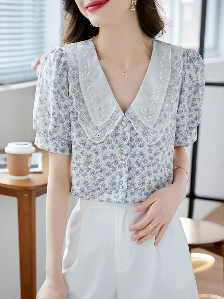 Classic Floral Printed Beaded Chiffon Shirt -Blue