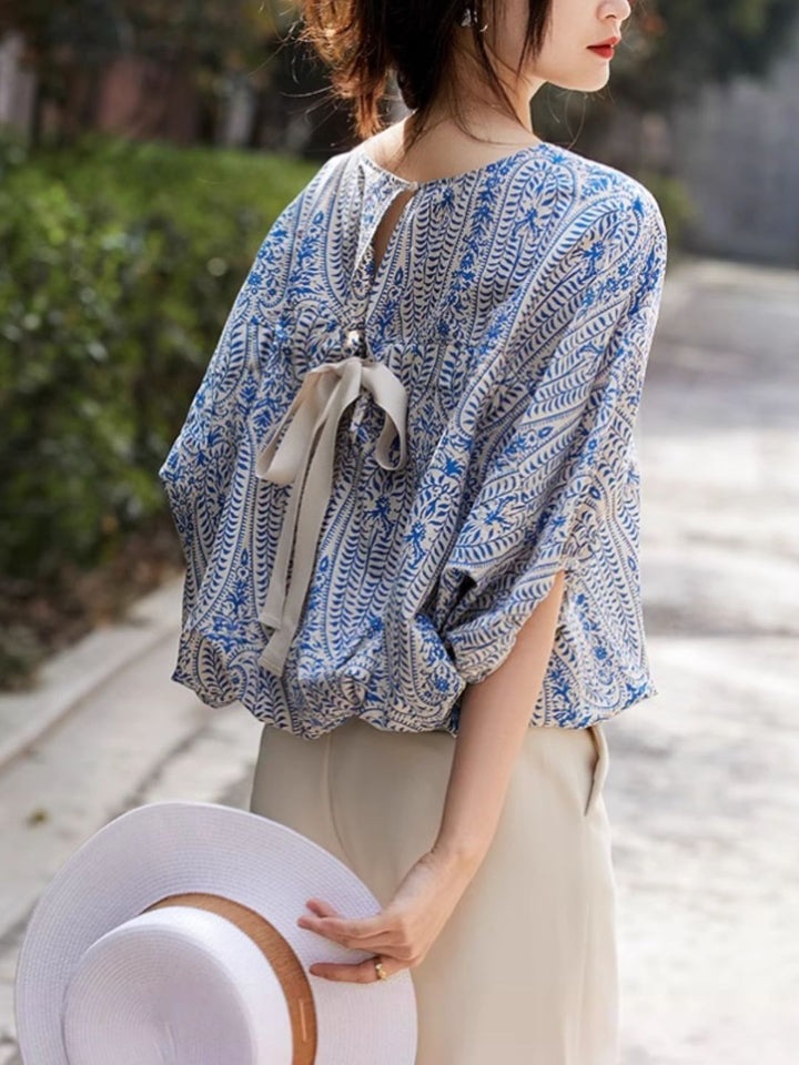 Casual Back Bow Printed Blouse