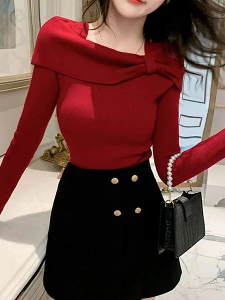 Bow Knitted Sweater - Red